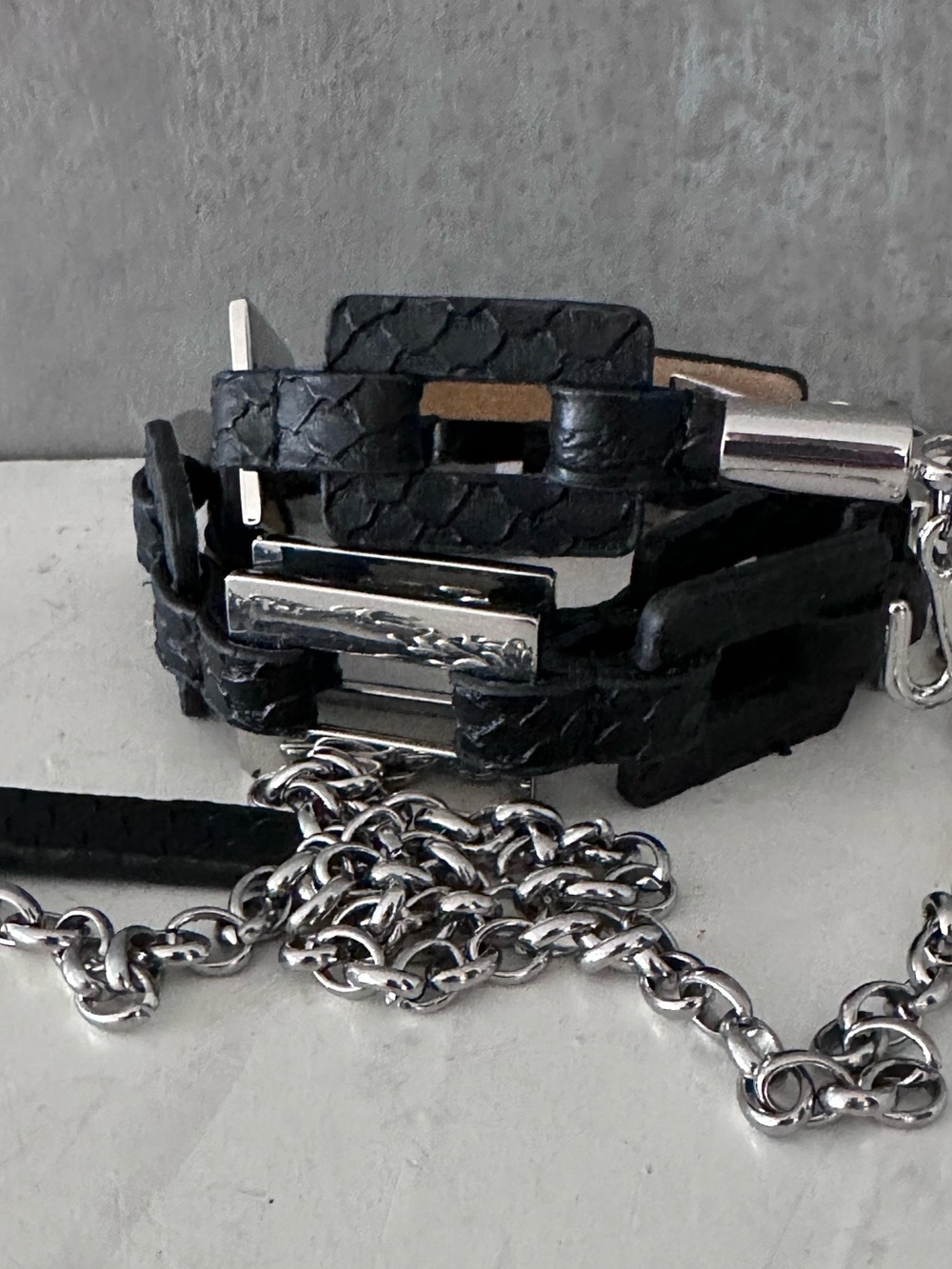 LEATHER & MEATAL CHAIN LINK BELT BLACK ADJUSTABLE